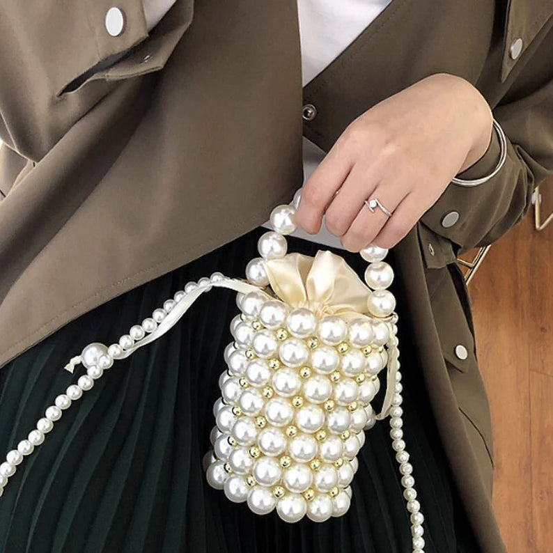 Faux Pearl Beaded Bucket Handbag For Women - Leechoo